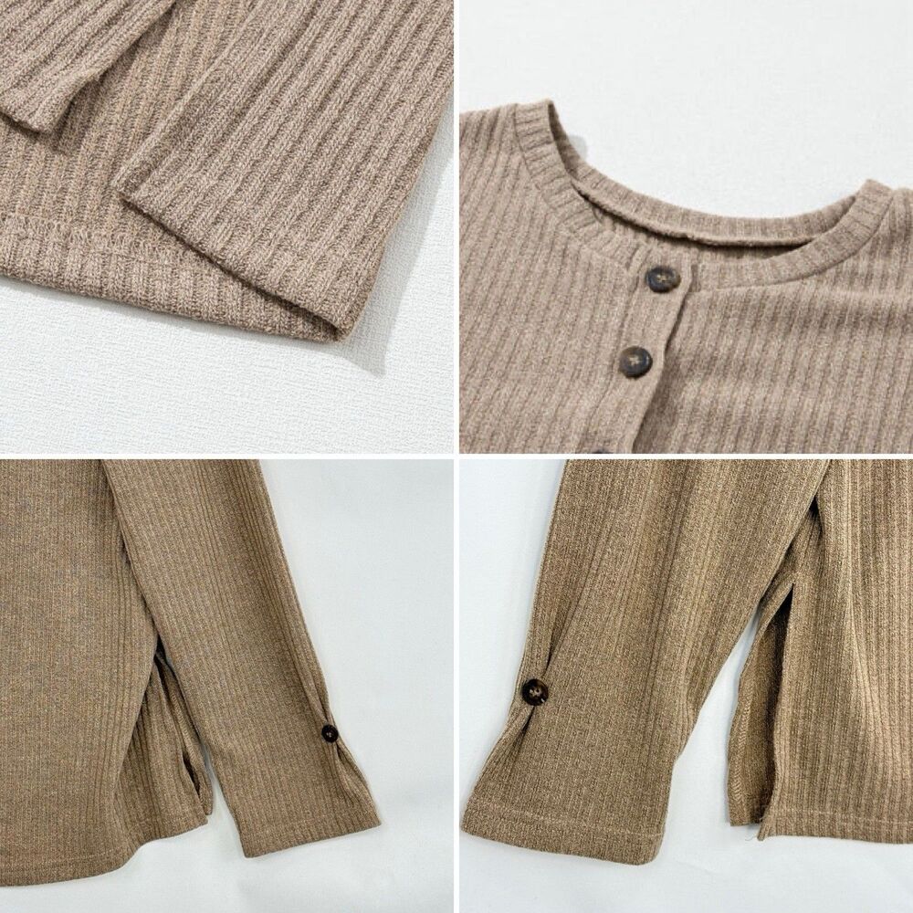 Womens Pale Khaki Rib Textured Henley Knit Top Size XL Long Sleeve Button - Picture 7 of 16